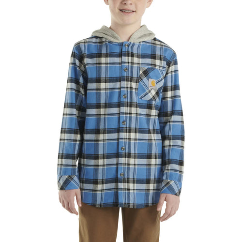 Carhartt Kids Long Sleeve Flannel Button Front Hooded Shirt Blue