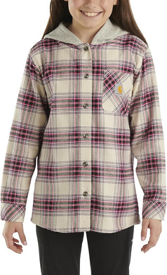 Carhartt Kids Long Sleeve Flannel Button Front Hooded Shirt Pink White