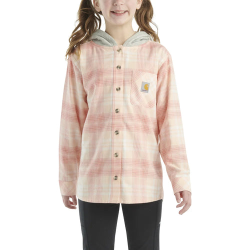 Carhartt Kids Long Sleeve Flannel Button Front Hooded Shirt Pink