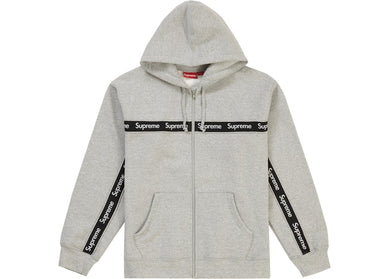 Supreme Text Stripe Zip Up Hooded Sweatshirt Grey