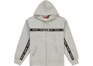 Supreme Text Stripe Zip Up Hooded Sweatshirt Grey